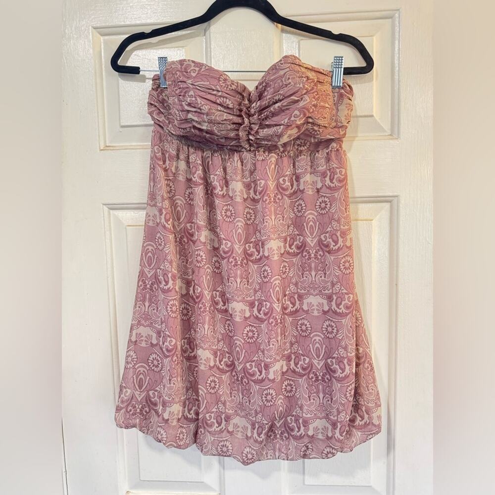 GUESS Strapless Sweetheart Paisley Mini Dress Purple Satin Lined Ballon Hem | 7